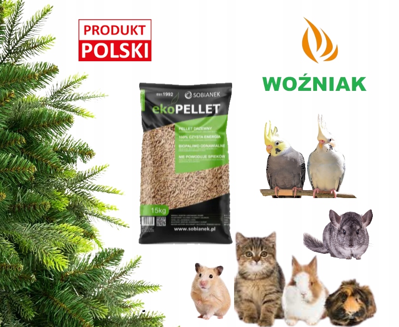 Żwirek drewniany Sobianek Pellet dla kota, królika, papug 15kg POLSKI Jasny