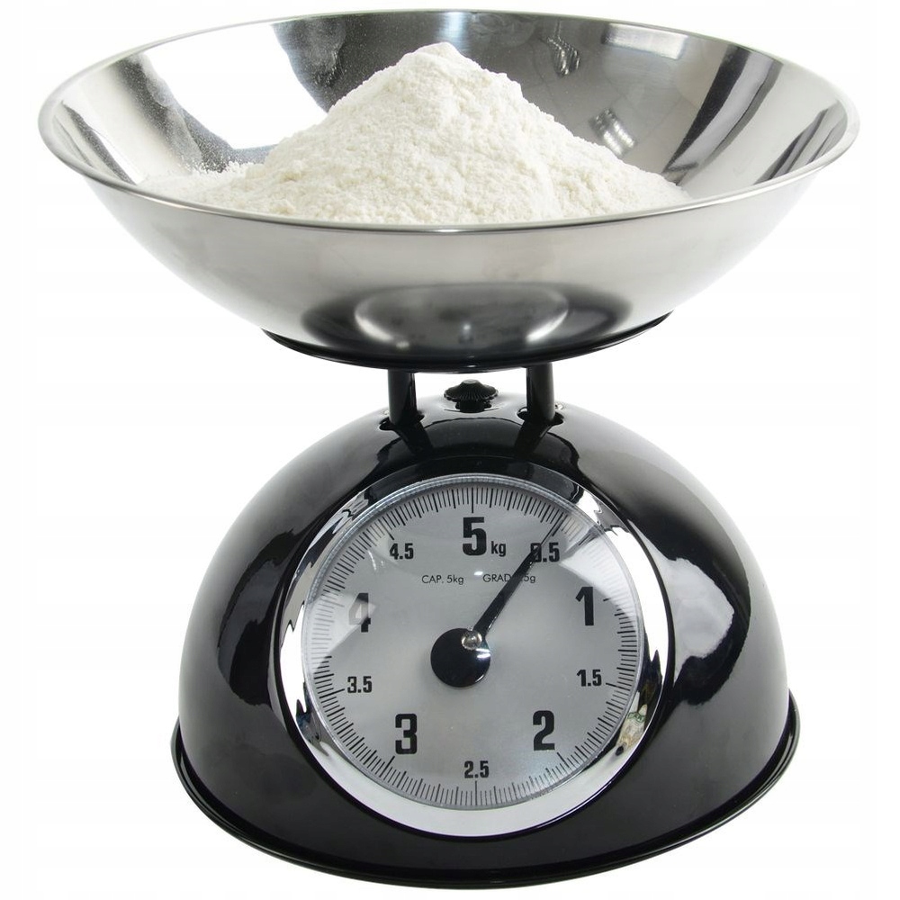 Mechanická kuchyňská váha s mísou z oceli, černá, retro, vintage, 5 kg