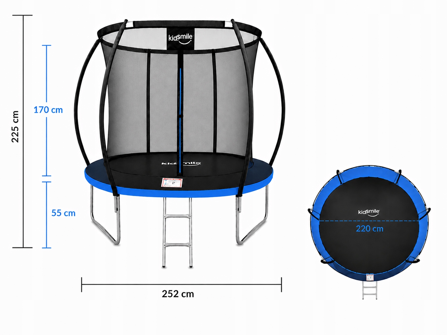 Trampolina ogrodowa z siatką wewnętrzną DZIECI 8FT 252cm drabinka niebieska