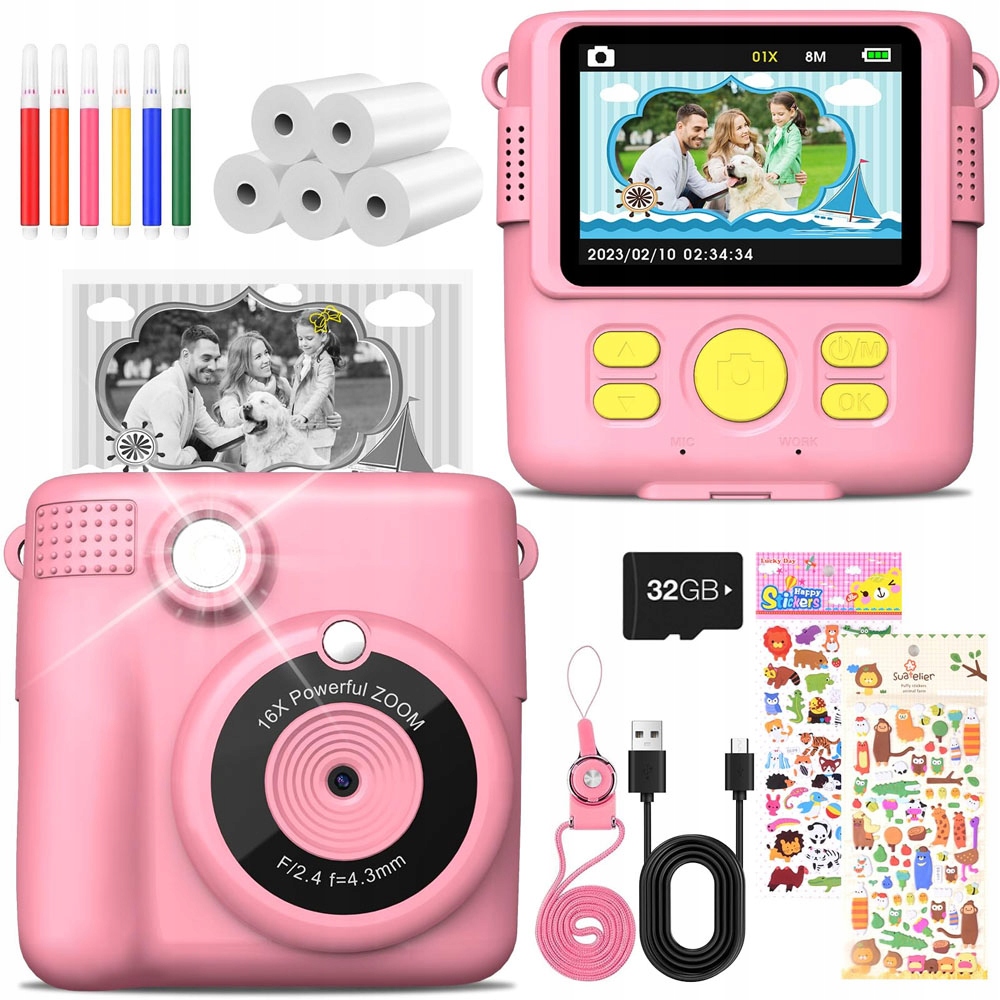 Fotoaparát S Termotiskárnou 32 Gb 1000 Mah Pro Děti, Růžový