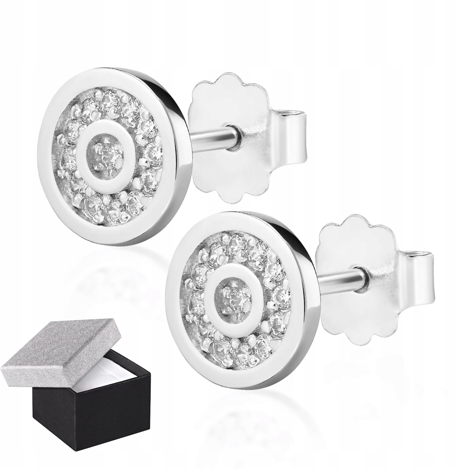Stříbrné Náušnice 925 Kruhy Kulaté Zirkony Připínací Pevnou Zátkou