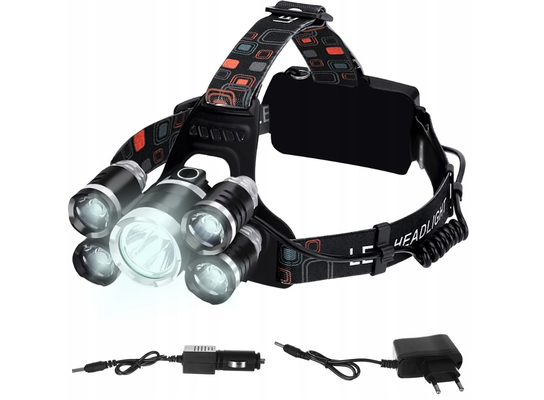 Mocna Latarka Czołowa 5x Led Cree XM-L T6 Lampka Czołówka Na Głowę