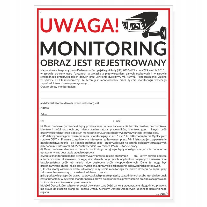 Tabliczka MONITORING informacja RODO 35x25cm