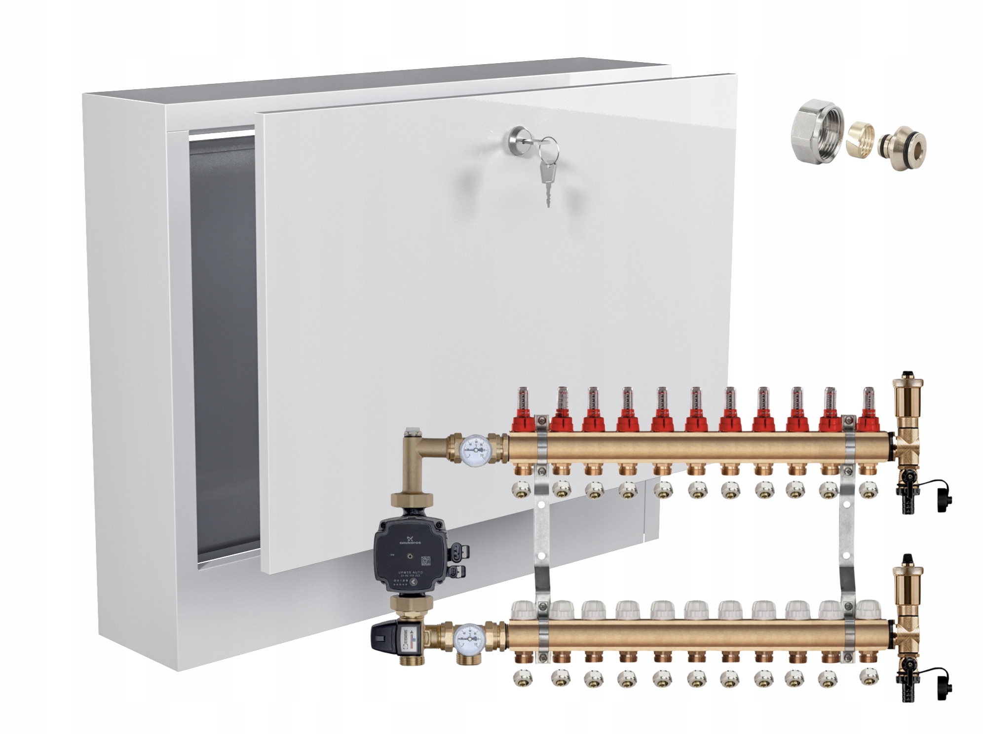 Rozdělovač pro podlahovku 11 s Grundfos+pex Nástěnná Skříňka