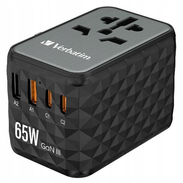 Cestovní adaptér Verbatim GaN 2xUSB-A 2xUSB-C 65W černý