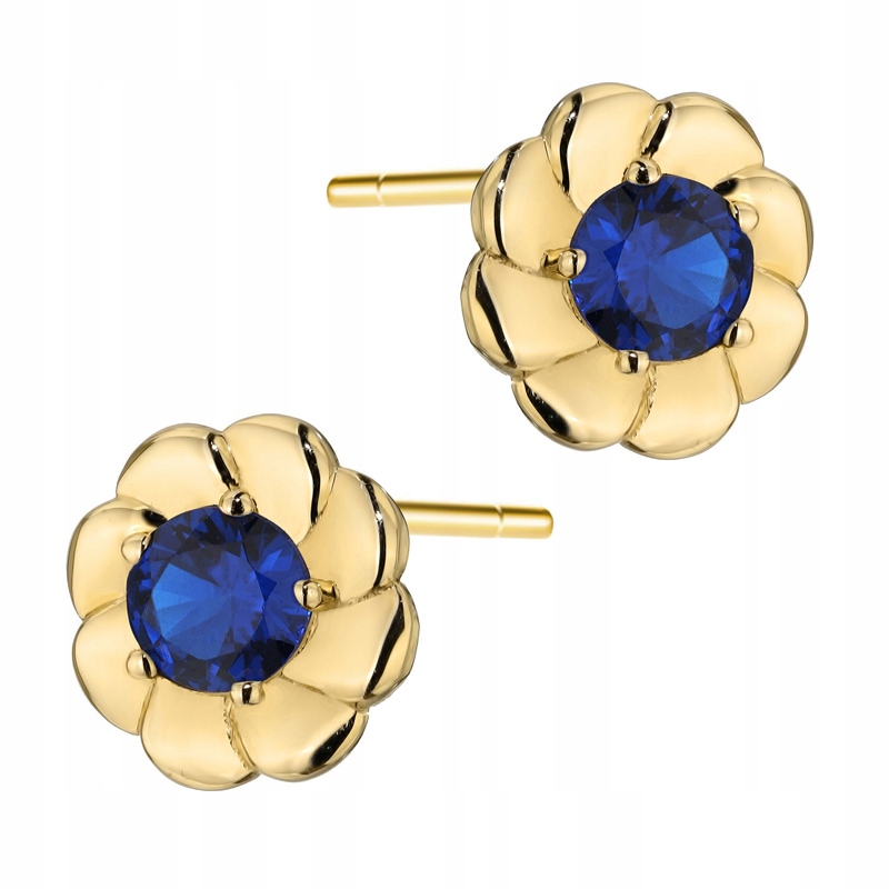 Krásné Zlaté Náušnice pr. 585 s modrou zirkonií uprostřed Květ 14k
