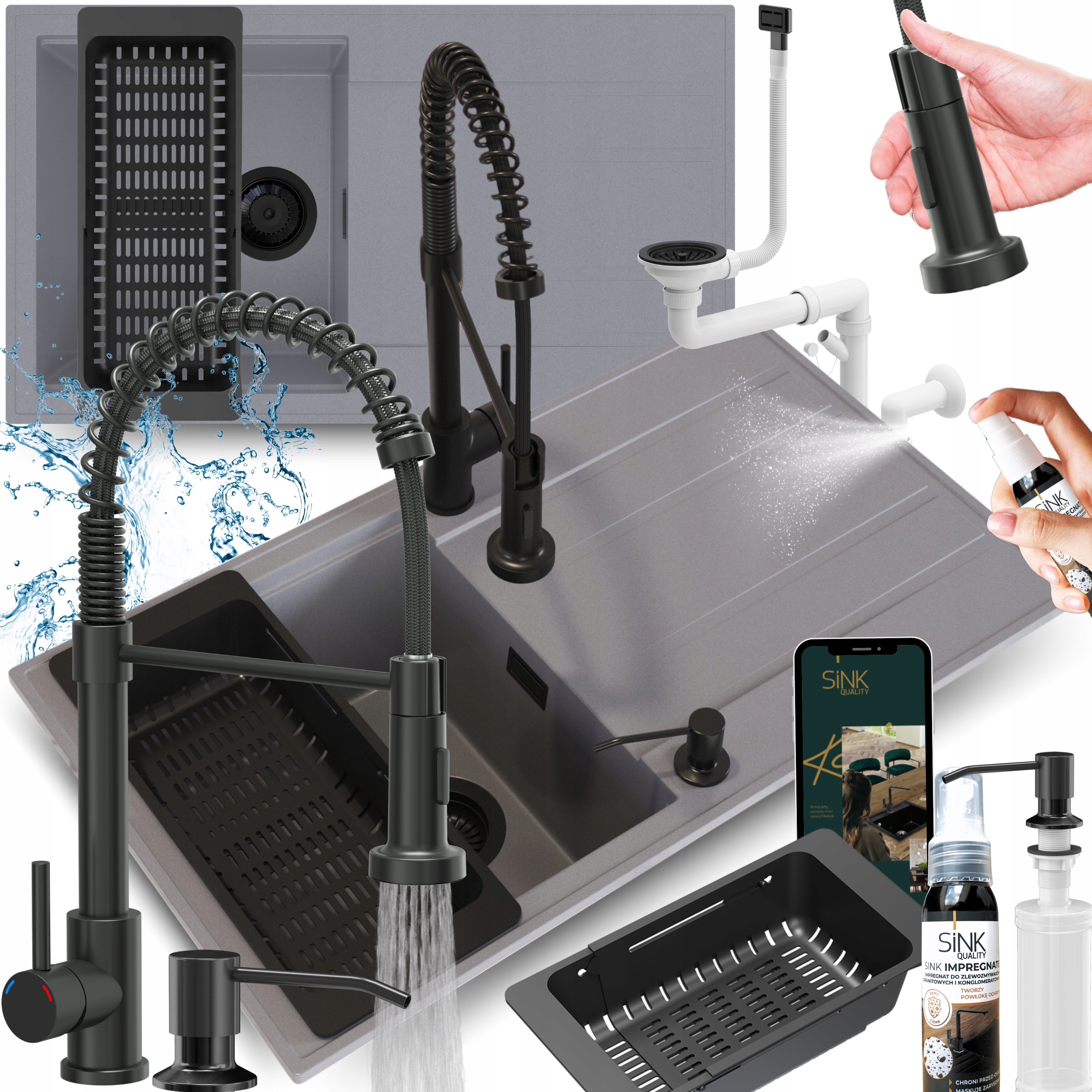 Jednokomorový Drez Sivý 80 cm Dlhý Odkvapkávač Batéria Sifón Dávkovač