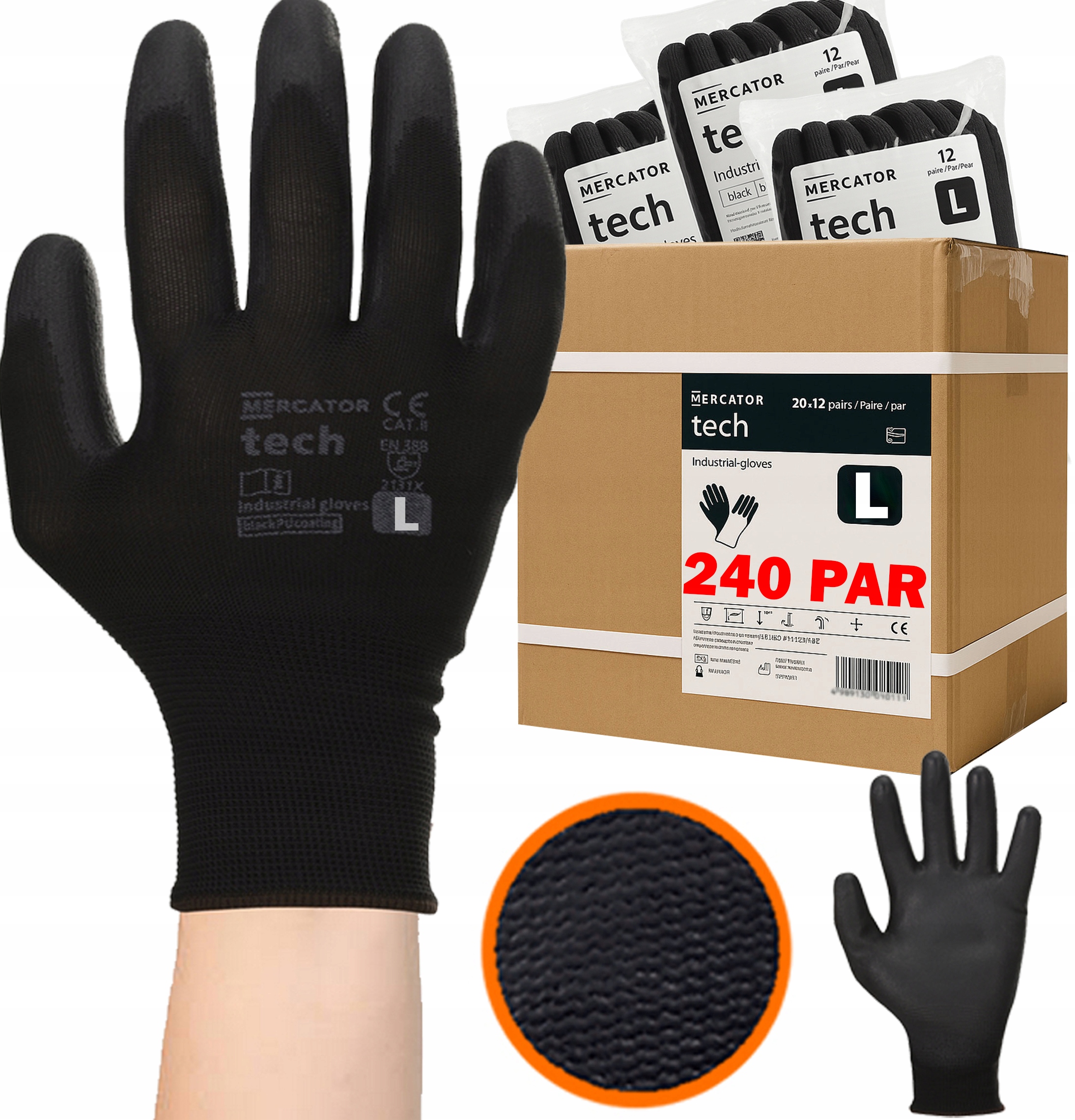 Levně Pracovní Rukavice Black+black Tech Pu Pohodlné Polyurové Velikost L 240 Párů