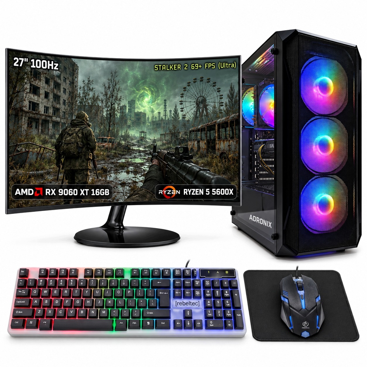 Herní Set Ryzen 5 5600x 32GB RX9060XT 16GB Wi-Fi WIN11 Monitor 27