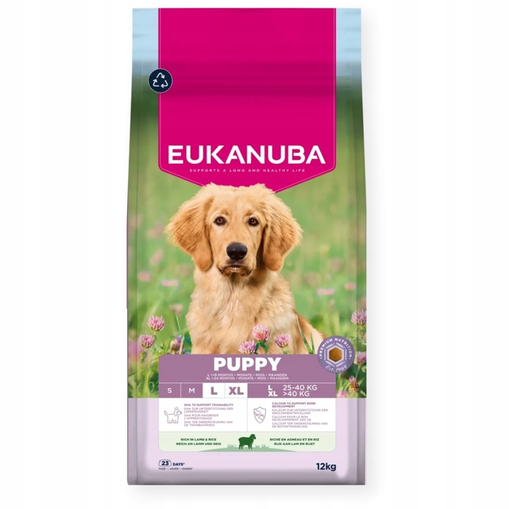 Suché krmivo pro štěňata Eukanuba Puppy Large, bohaté na jehněčí maso, 12 kg