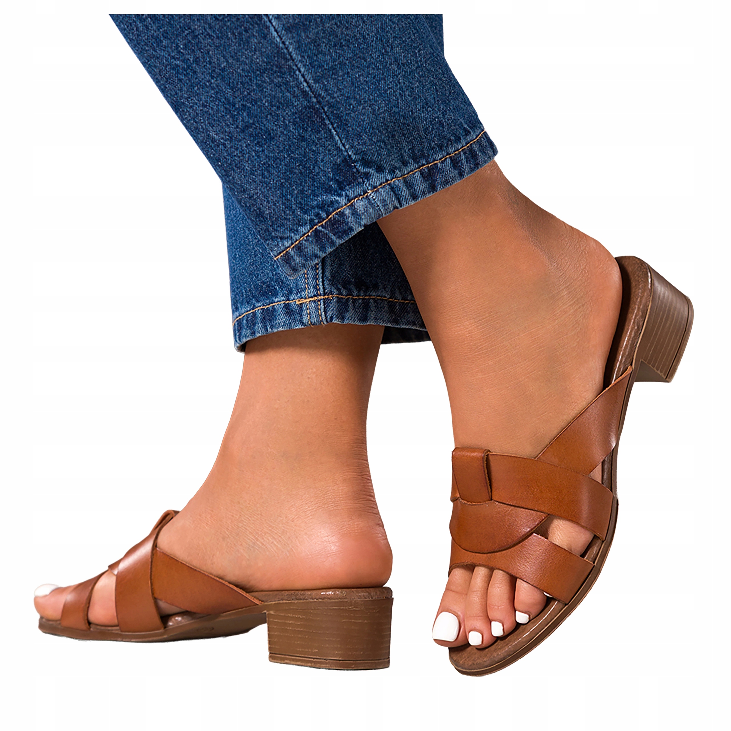 Nazouváky Hnědé Dámské Kožené Nízký Podpatek Proplétaný Pásek Módní vel. 40