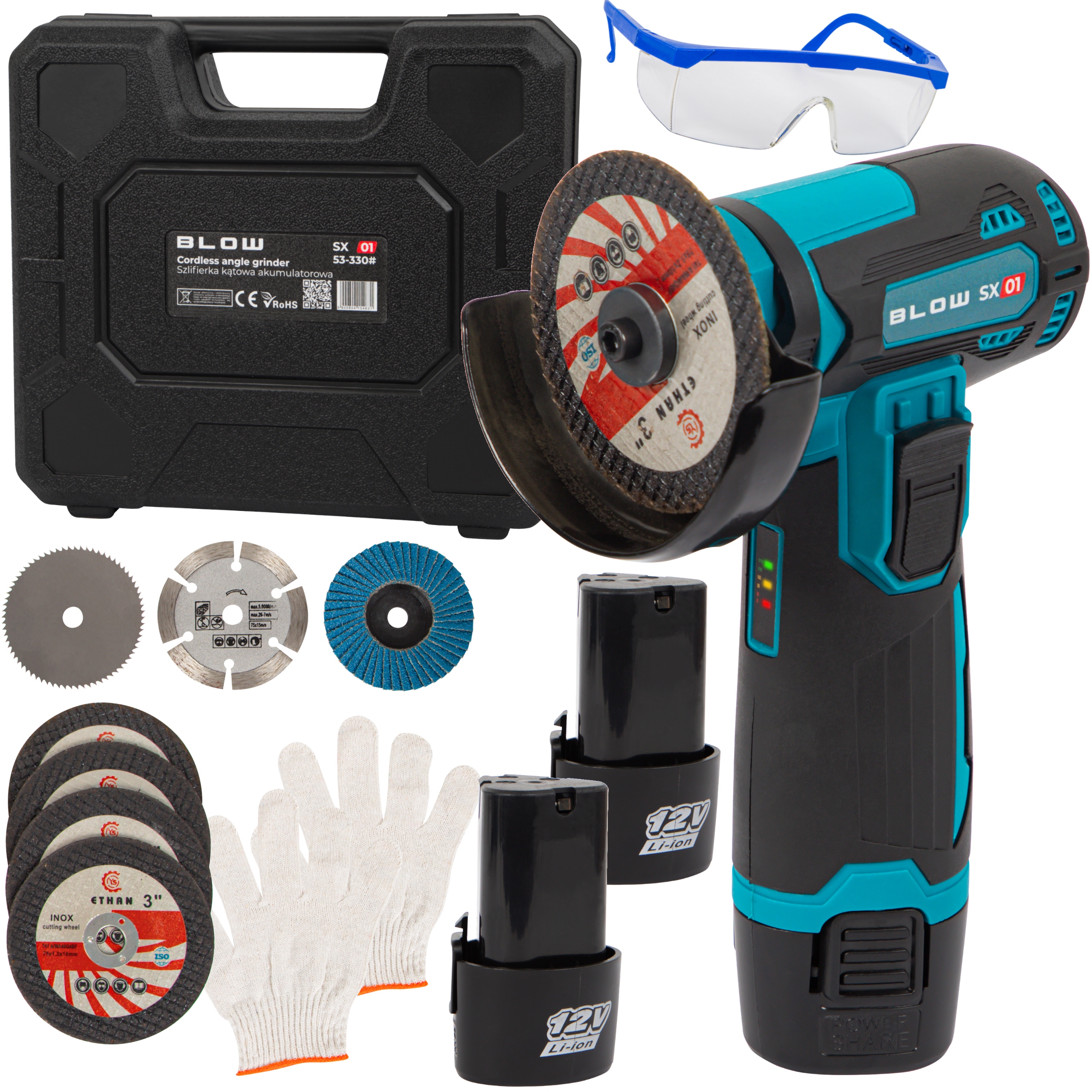 Szlifierka Akumulatorowa Kątowa 900W 12V 19500 Rpm 2x Aku 7x Tarcza Walizka