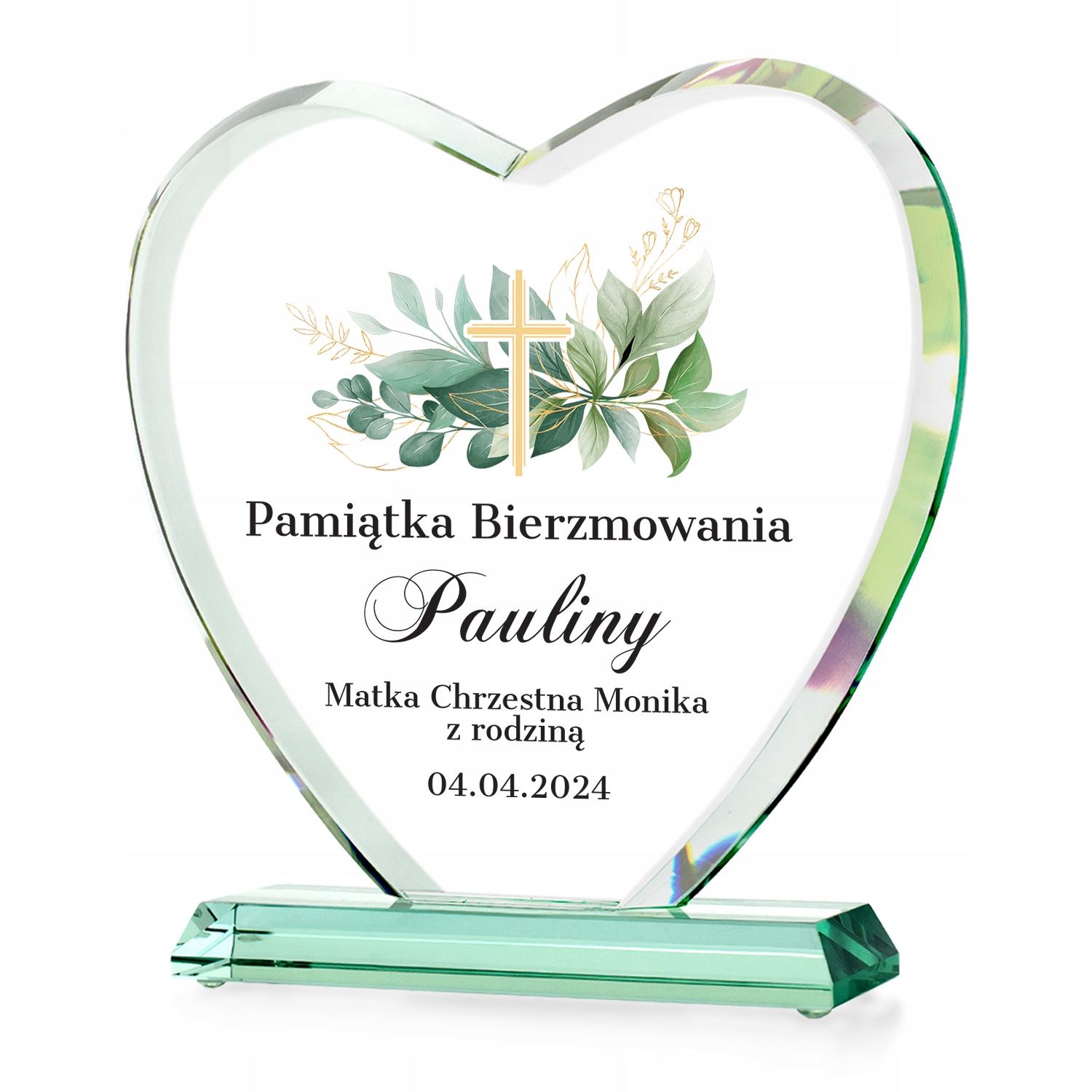 Pamiątka Bierzmowania Szklane Serce Statuetka z Nadrukiem Dedykacji