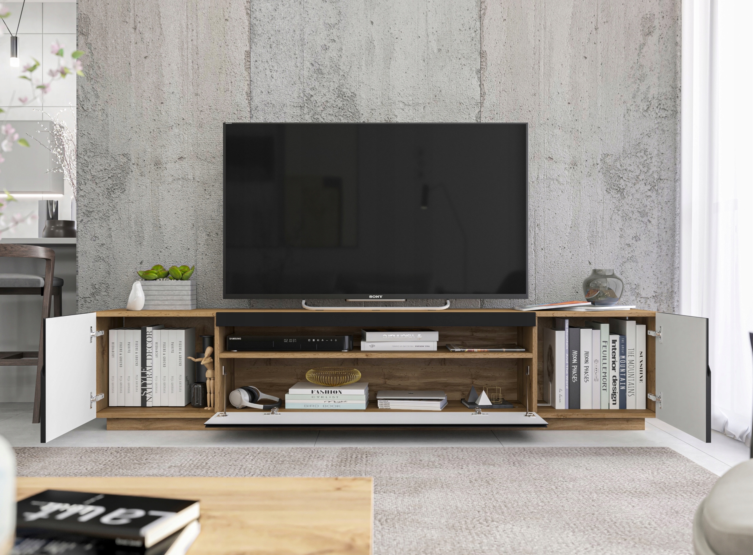 Szafka RTV Loft Industrialna dąb czarny MAT 200cm Szerokość mebla 200 cm