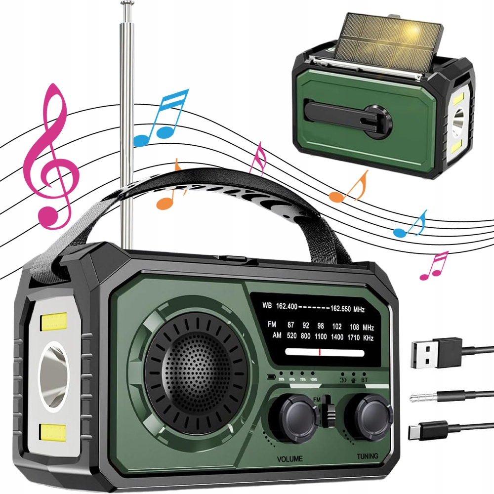 Mini Radio Przenośne Solarne Awaryjne Budowlane na Korbkę Baterie Powerbank