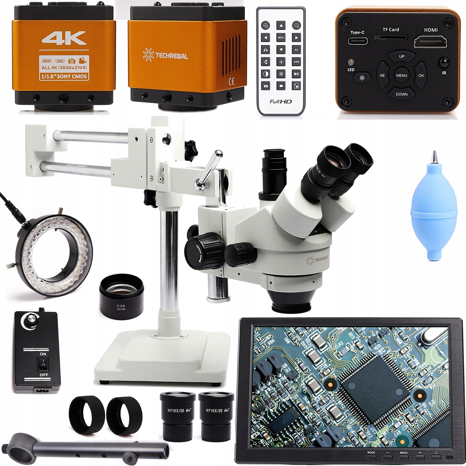Trinokulární mikroskop Techrebal 10HW 7-45x s 4K kamerou a monitorem