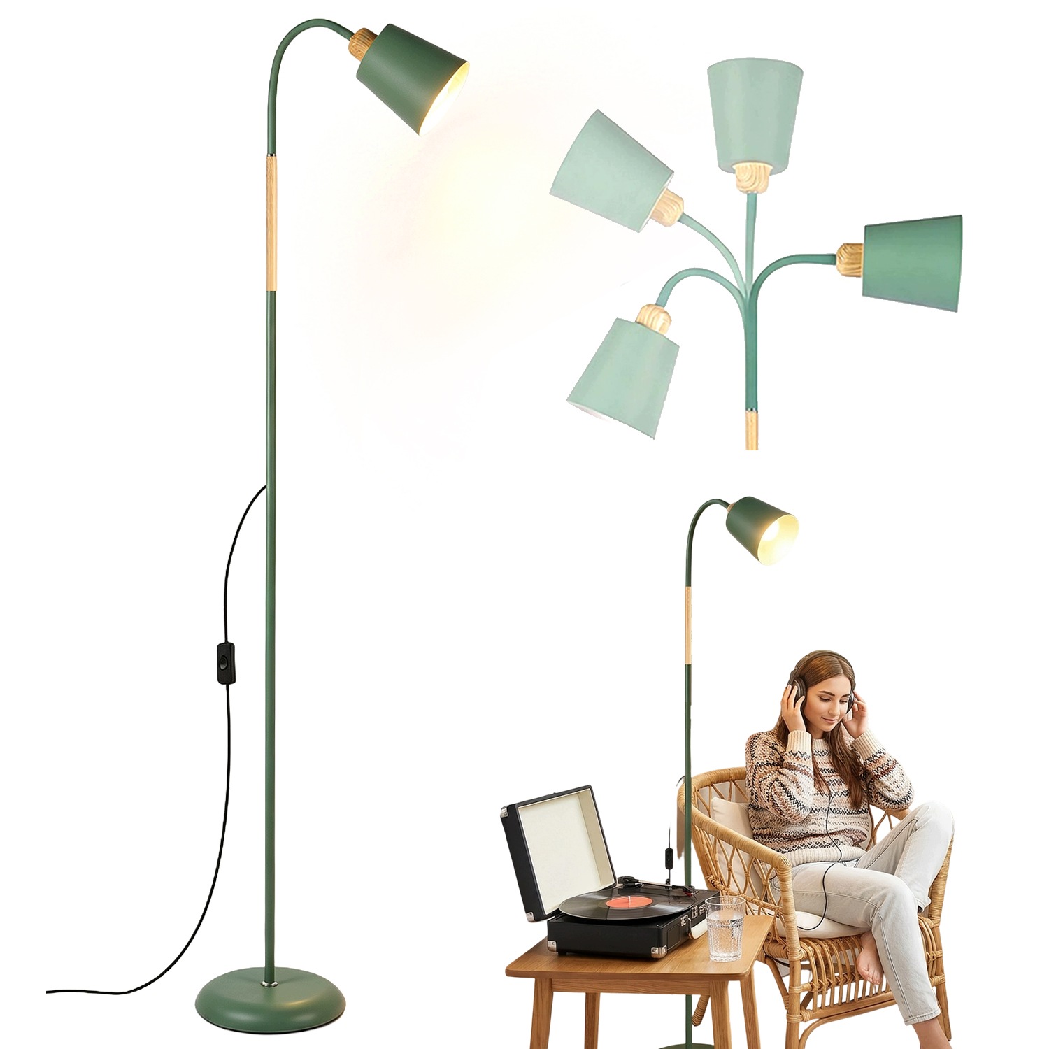 Stojací podlahová lampa E27 150 cm Loft pro čtení kovová zelená