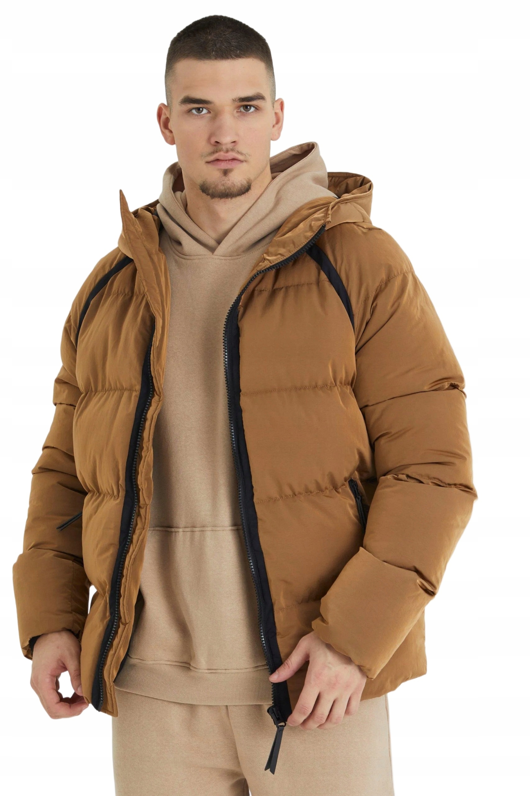 Boohooman Pánská Prošívaná Bunda S Kapucí Hnědá Až K Bokům M Z3A