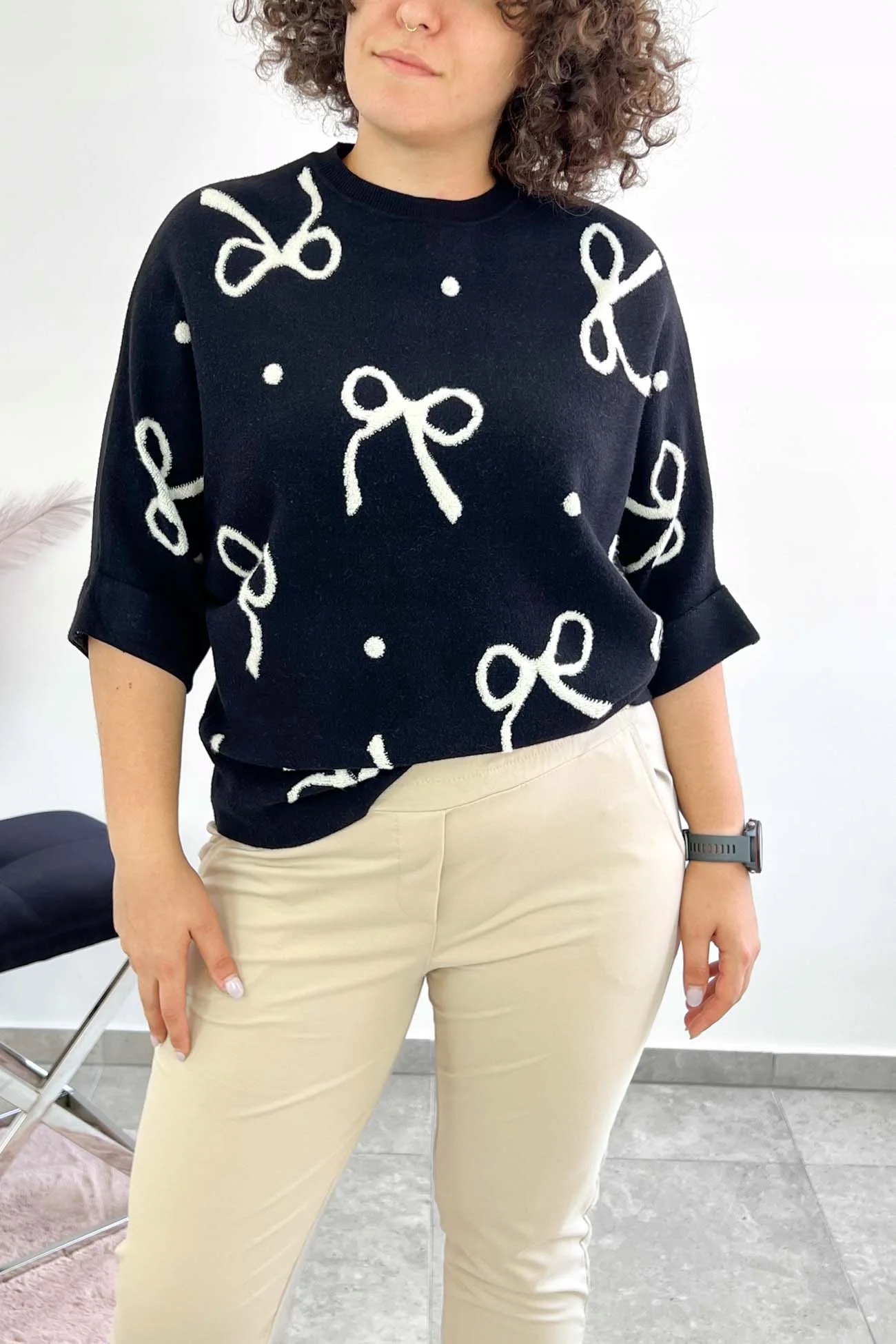 Dámský svetr s stuhou a 3/4 rukávem, černý, Uni