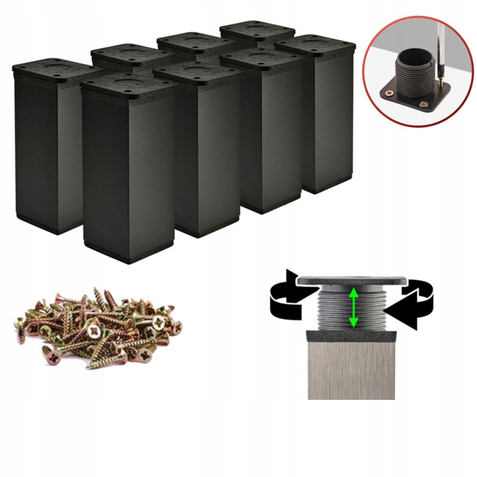 Nohy nábytkové nohy Černé Nastavitelné pro nábytek H 10 cm Sada 8x Vruty