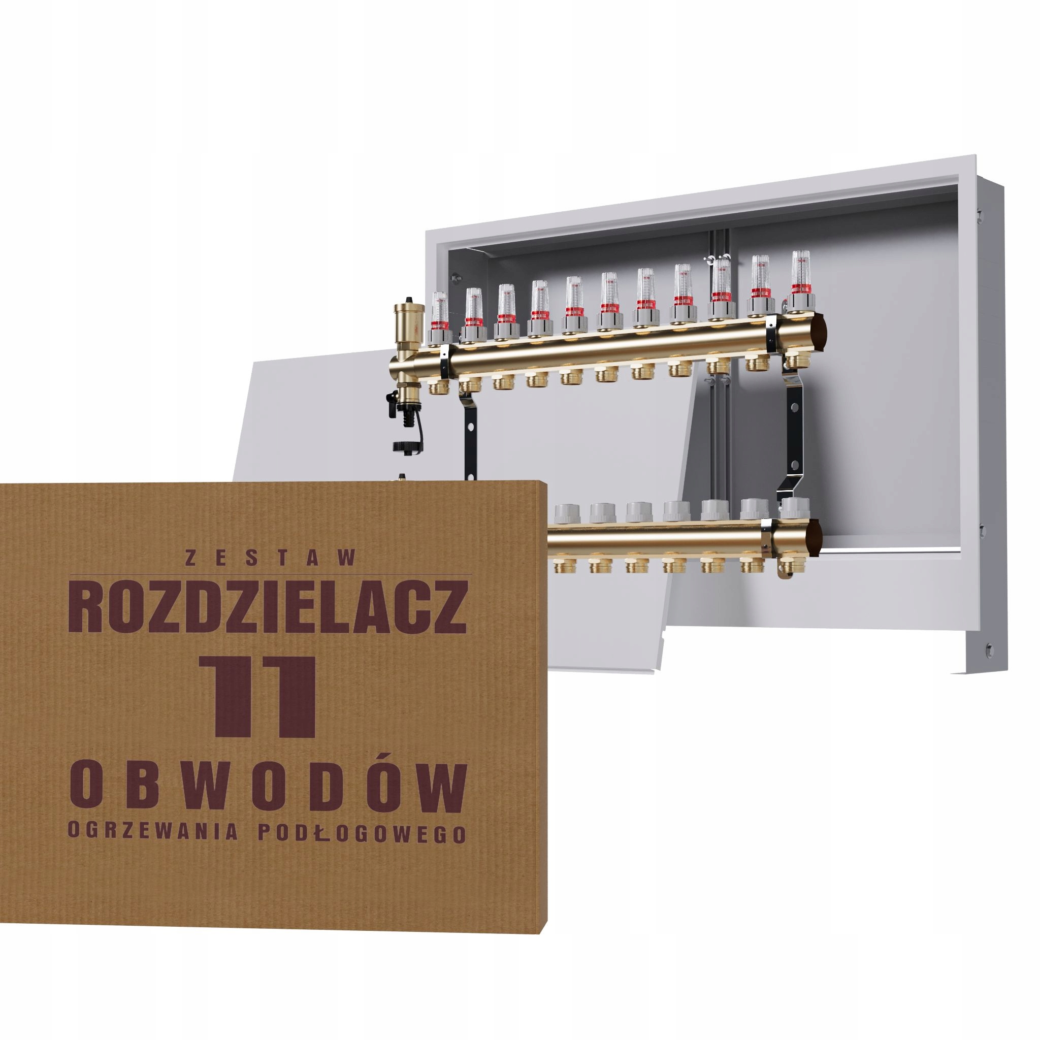 Rozdělovač pro 11-okruhovou mosaznou podlahu a podomítkový box, bílý