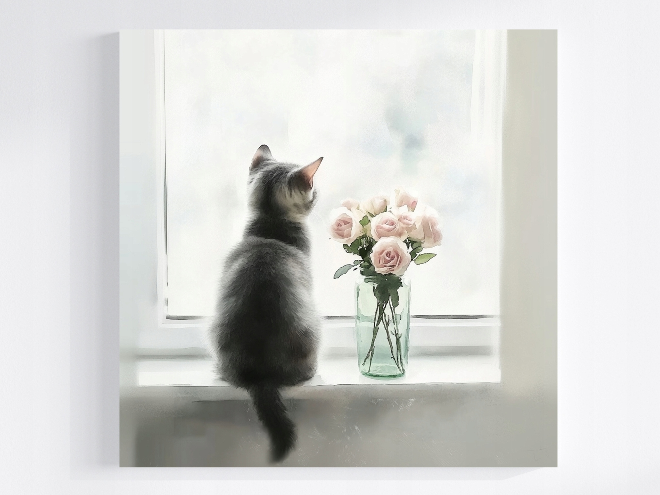 Obraz Na Plátně Canvas Kočka Květiny Okno Růžové Růže Minimalismus 80x80