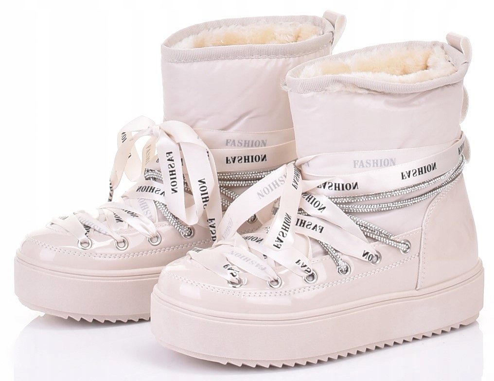 MODNE ŚNIEGOWCE Z FUTERKIEM WSUWANE BUTY ZIMOWE NA PLATFORMIE Kolor beżowy