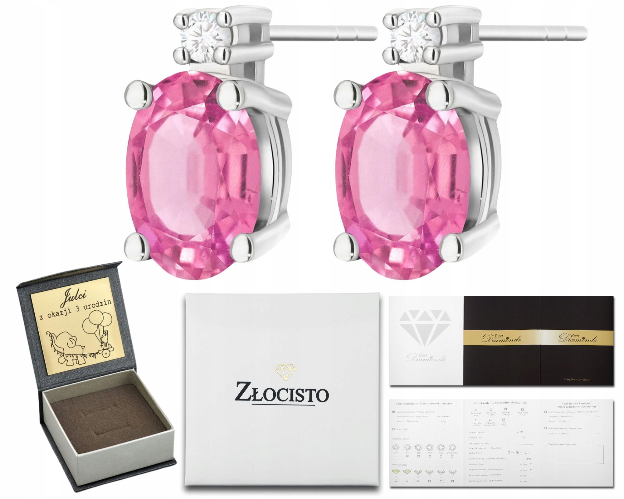 Bílé Zlato Náušnice S Růžovým Topazem A Diamanty Zlato 585 14K Dárek