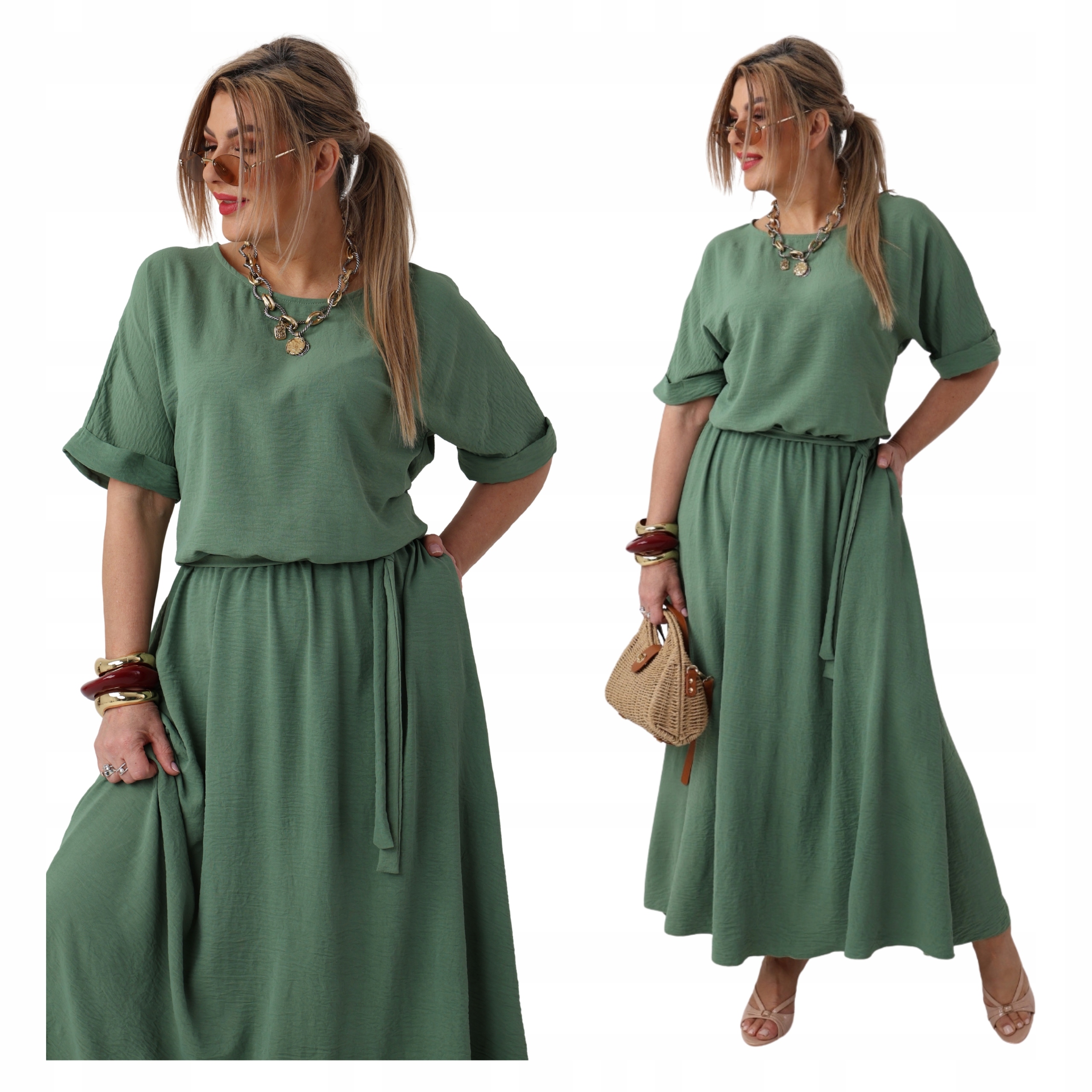 Długa Sukienka Maxi Z Kieszeniami Z Paskiem Wiązana Letnia Wizytowa Zwiewna