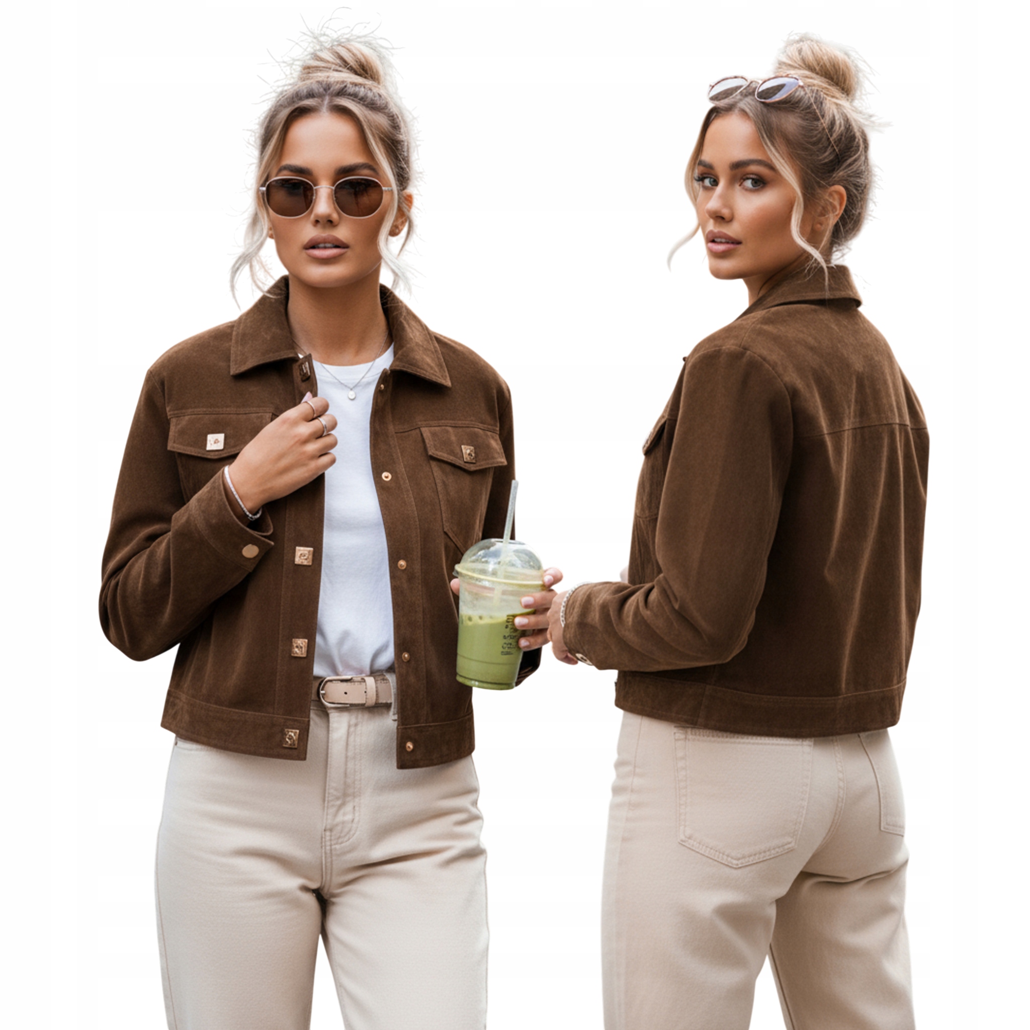 Kurtka damska krótka zamszowa przejściowa z kołnieżem brązowa TY5581 XL