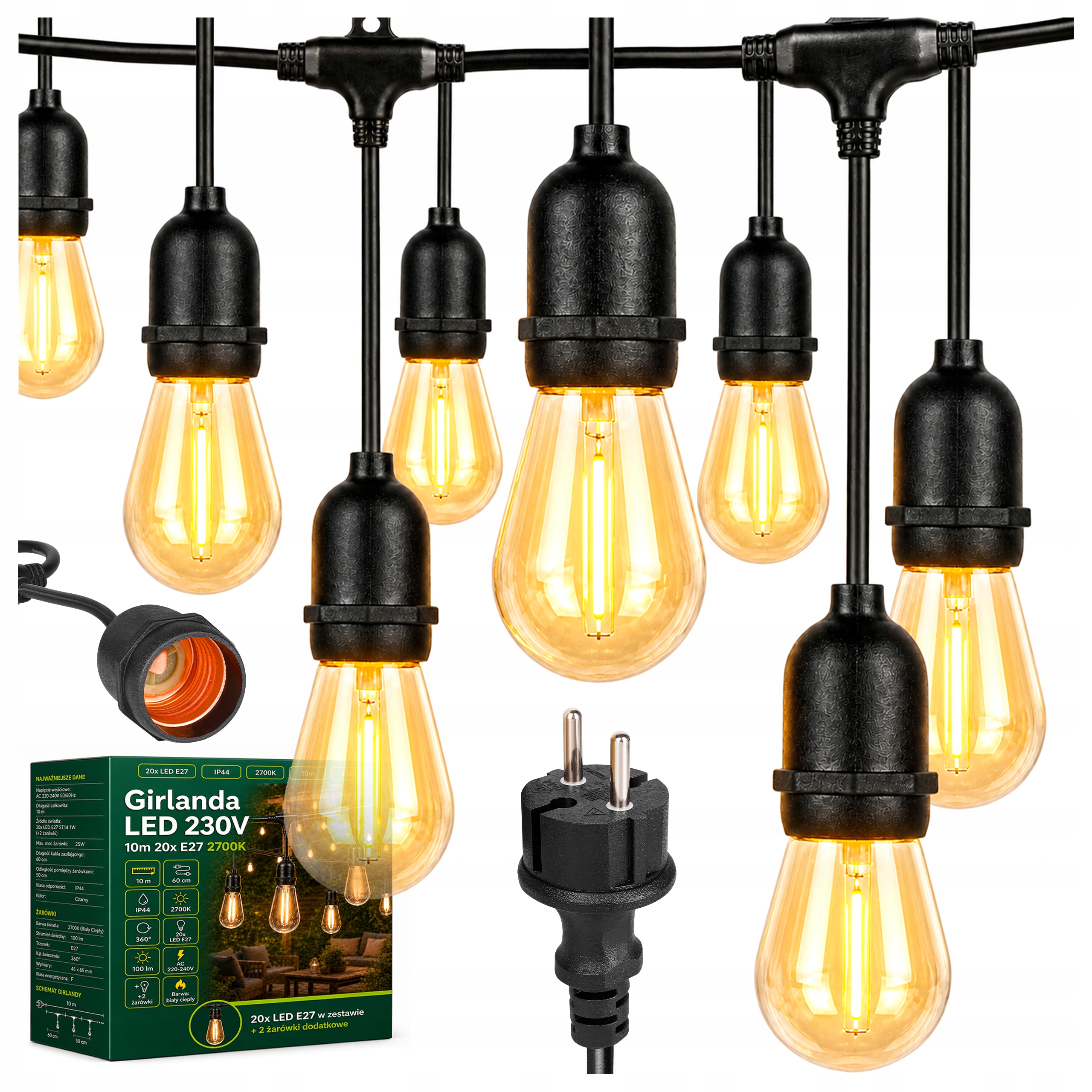 Led zahradní girlanda 10 m 20x E27 2700K IP44 2 náhradní žárovky