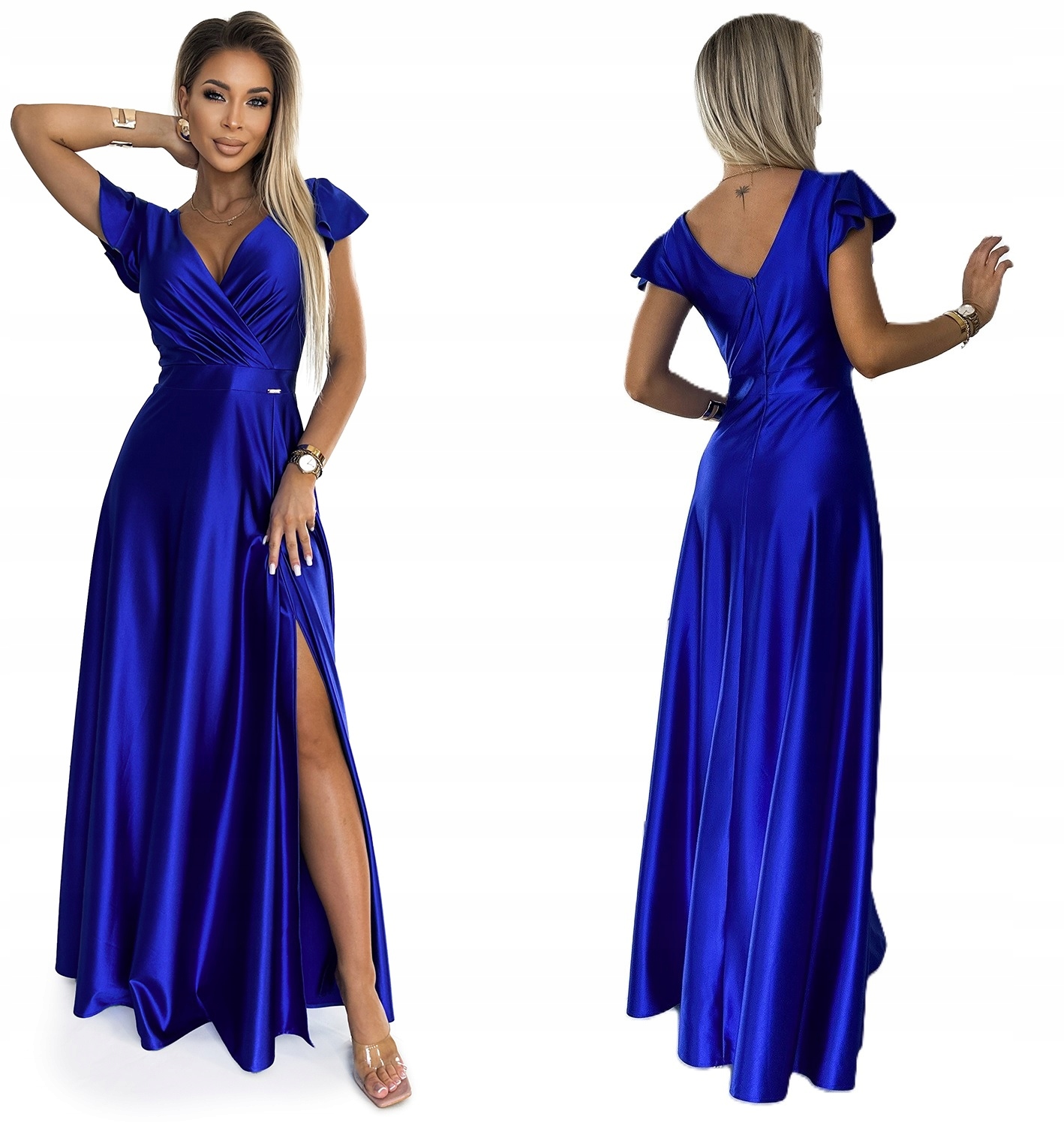 Saténová Dlouhá Sukně S Hlubokým Výstřihem Na Silvestrovský Ples, Modrá