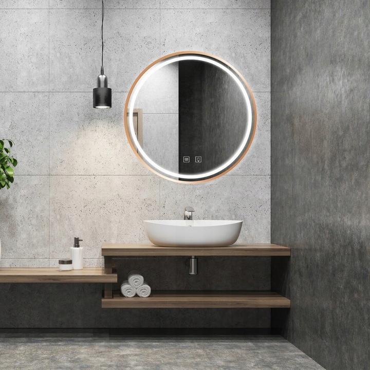 LUSTRO WISZĄCE PODŚWIETLANE LED RÓŻOWE ZŁOTO ROSE GOLD RAMA OKRĄGŁE 50cm Szerokość 500 mm