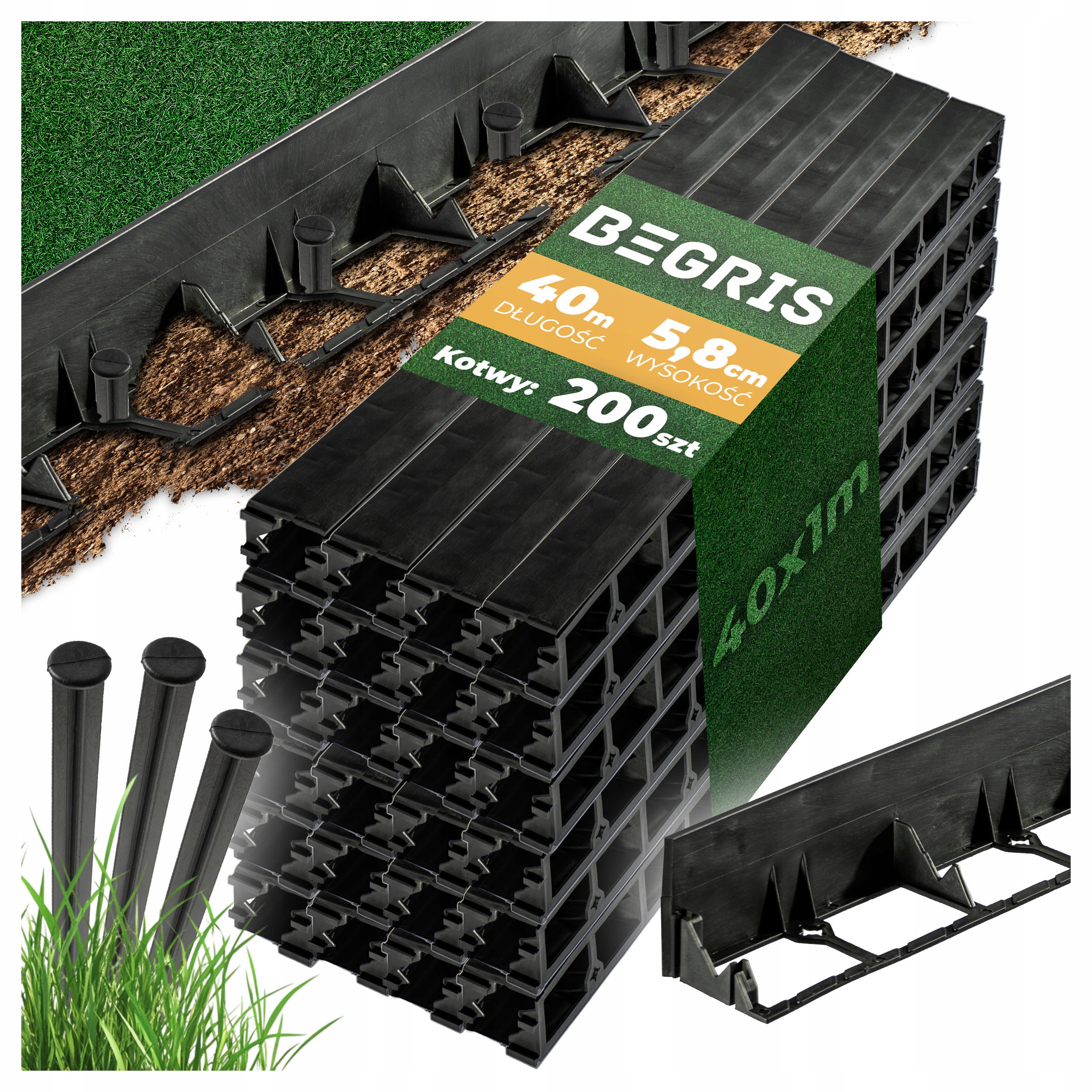 Obrzeże Ogrodowe Trawnikowe 40 Mb Kotwy 200 Szt Eco Border 5,8 CM Obrzeża