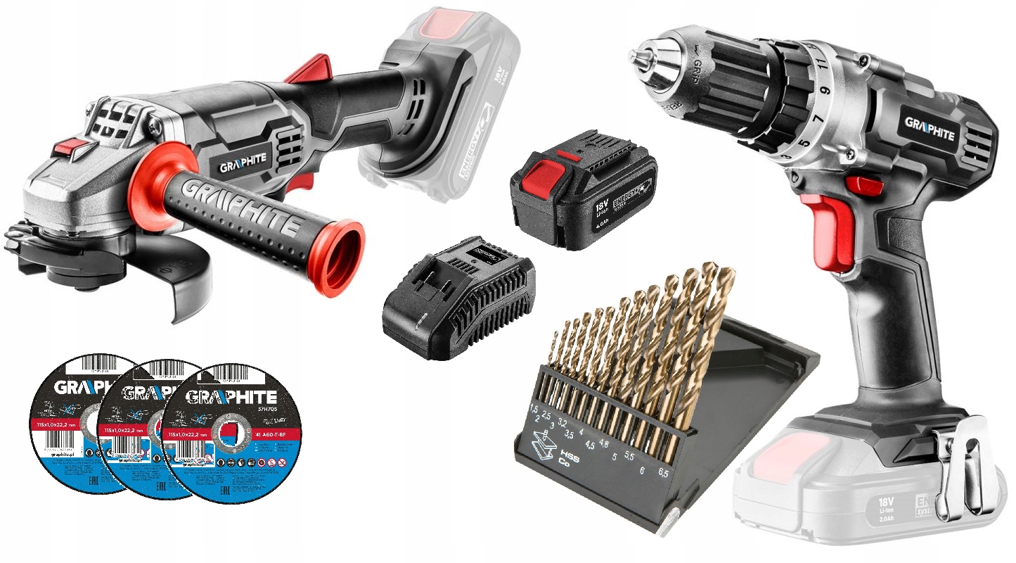 Graphite Sada Elektrického Nářadí Energy+ 18V 4AH Kotouče Vrtáku Bruska