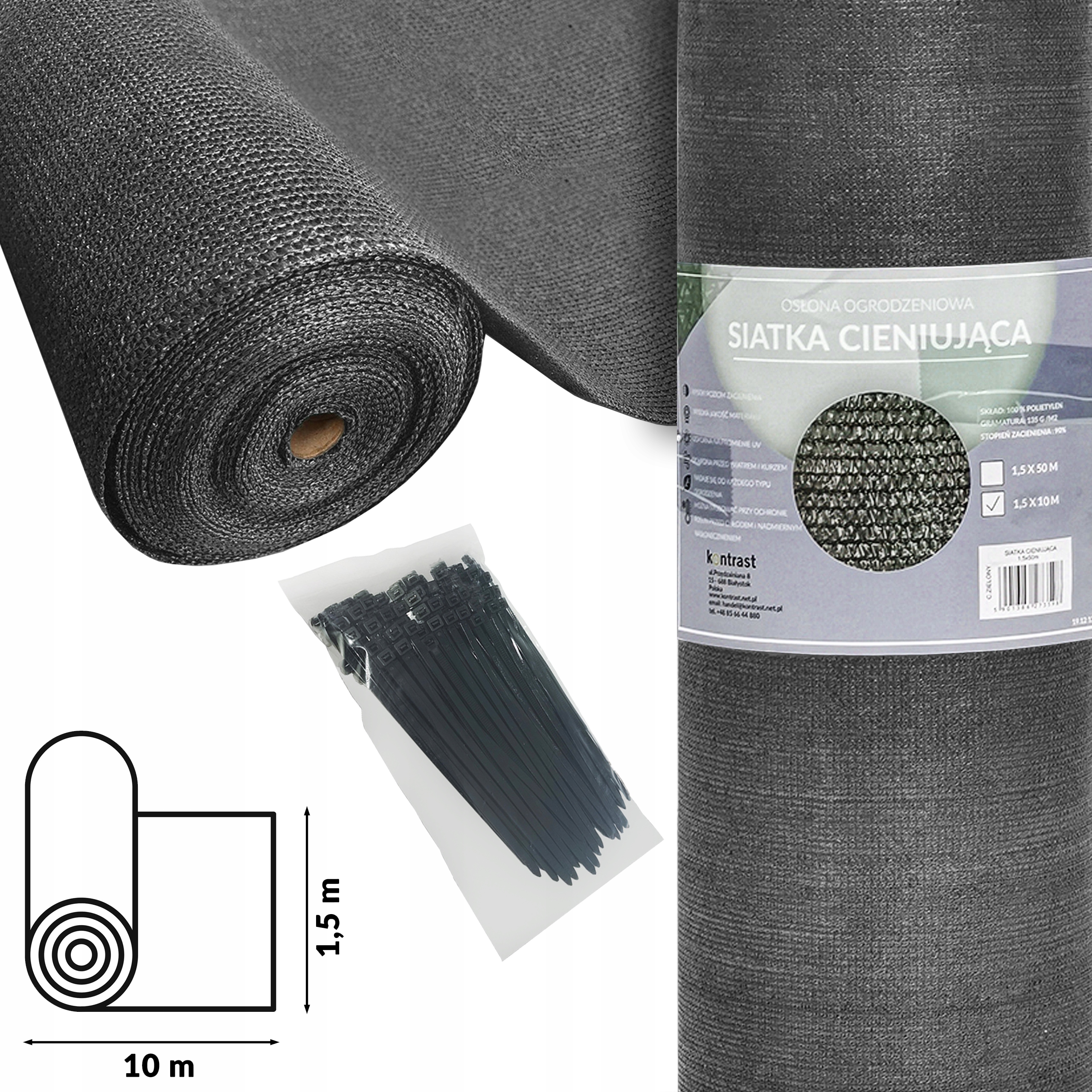 SIATKA CIENIUJĄCA MASKUJĄCA 90% OGRODZENIE 1,5x10m + OPASKI ZACISKOWE SZARA