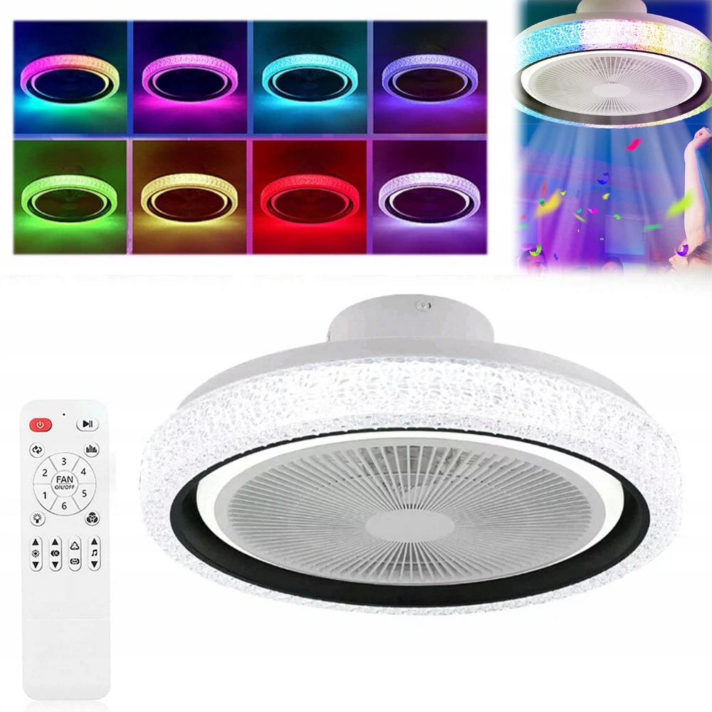 stropní svítidlo Led s ventilátorem Crystal bílá 3 barvy Apka dálkový ovladač Set