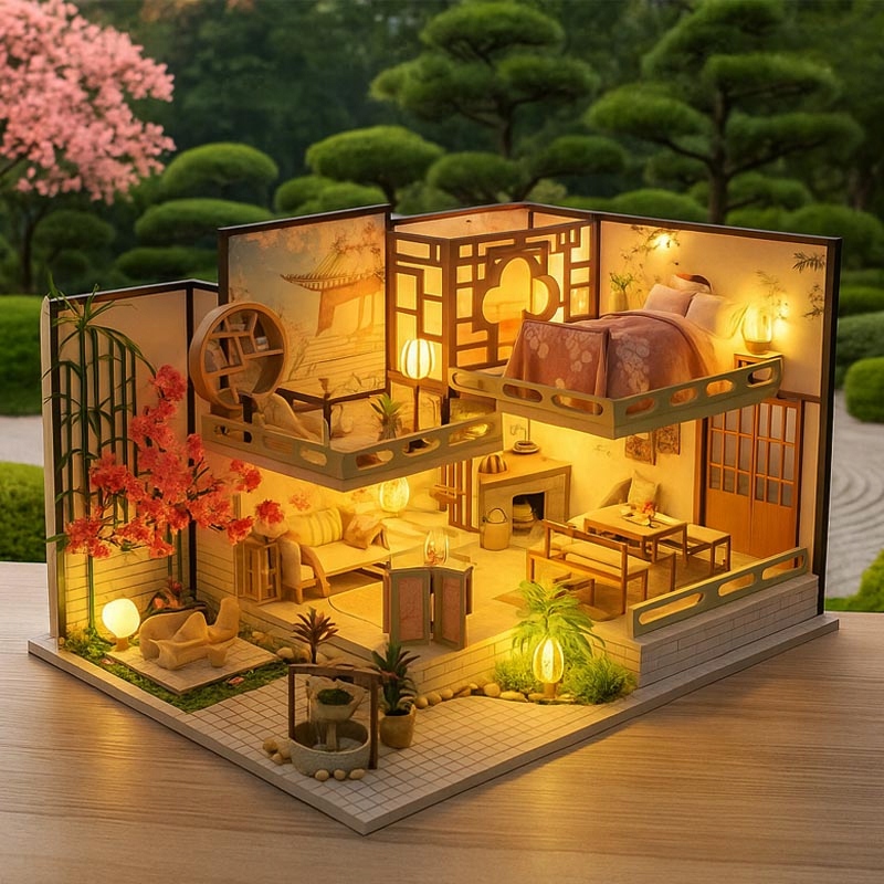 Miniaturowy domek Japońskie piękno Zen Wiśnia Różowy Japandi Azja Drewno