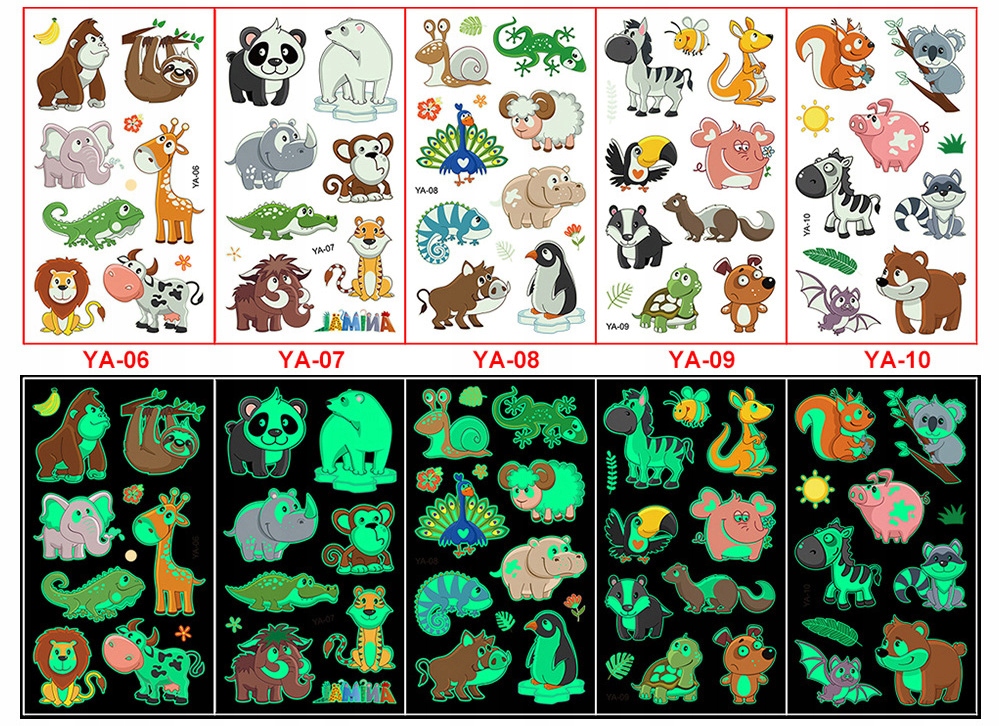 TATUAŻE DLA DZIECI ZWIERZĘTA mix TYMCZASOWE ZMYWALNE ŚWIECĄCE 5 arkuszy