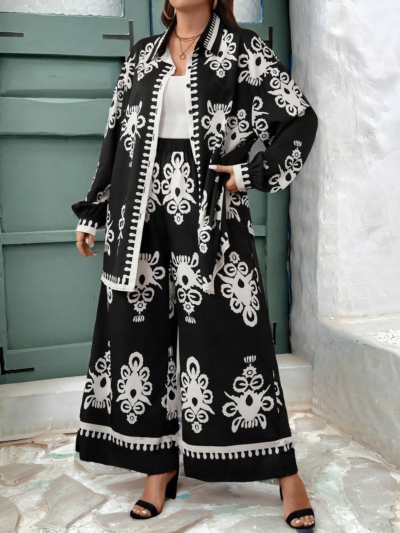 Komplet Vintage Casual Motiv Orientální Košile S Kalhotami Shein XXL 44