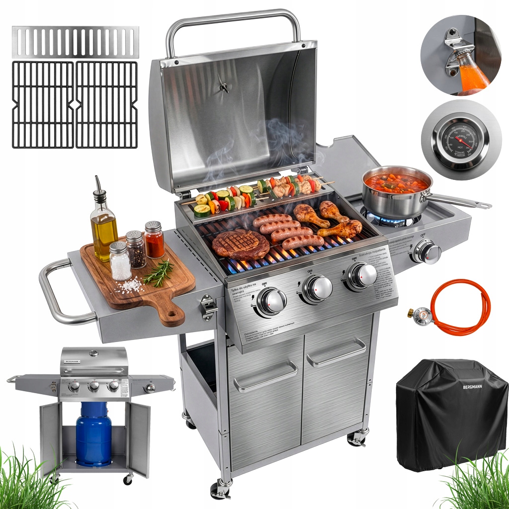 Grill Gazowy Ogrodowy Stal Nierdzewna Bergmann 3+1 Żeliwny Ruszt Pokrowiec