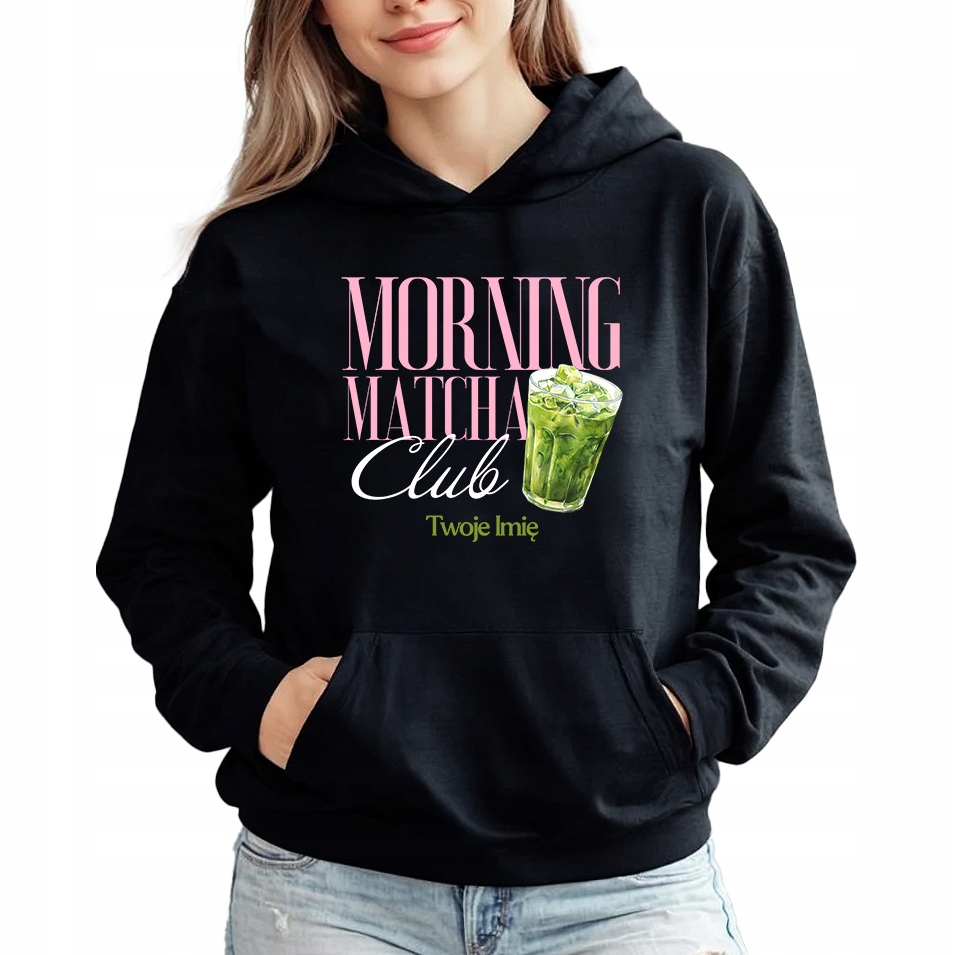 Mikina Hoodie Černá Pro milovnici Matchy Morning Matcha Club Jméno Vel M