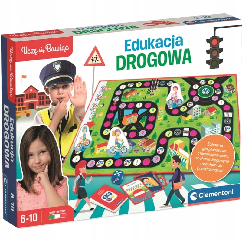 CLEMENTONI UCZĘ SIĘ BAWIĄC EDUKACJA DROGOWA GRA PLANSZOWA 66 KART ZNAKI 6+ Wydawca Clementoni