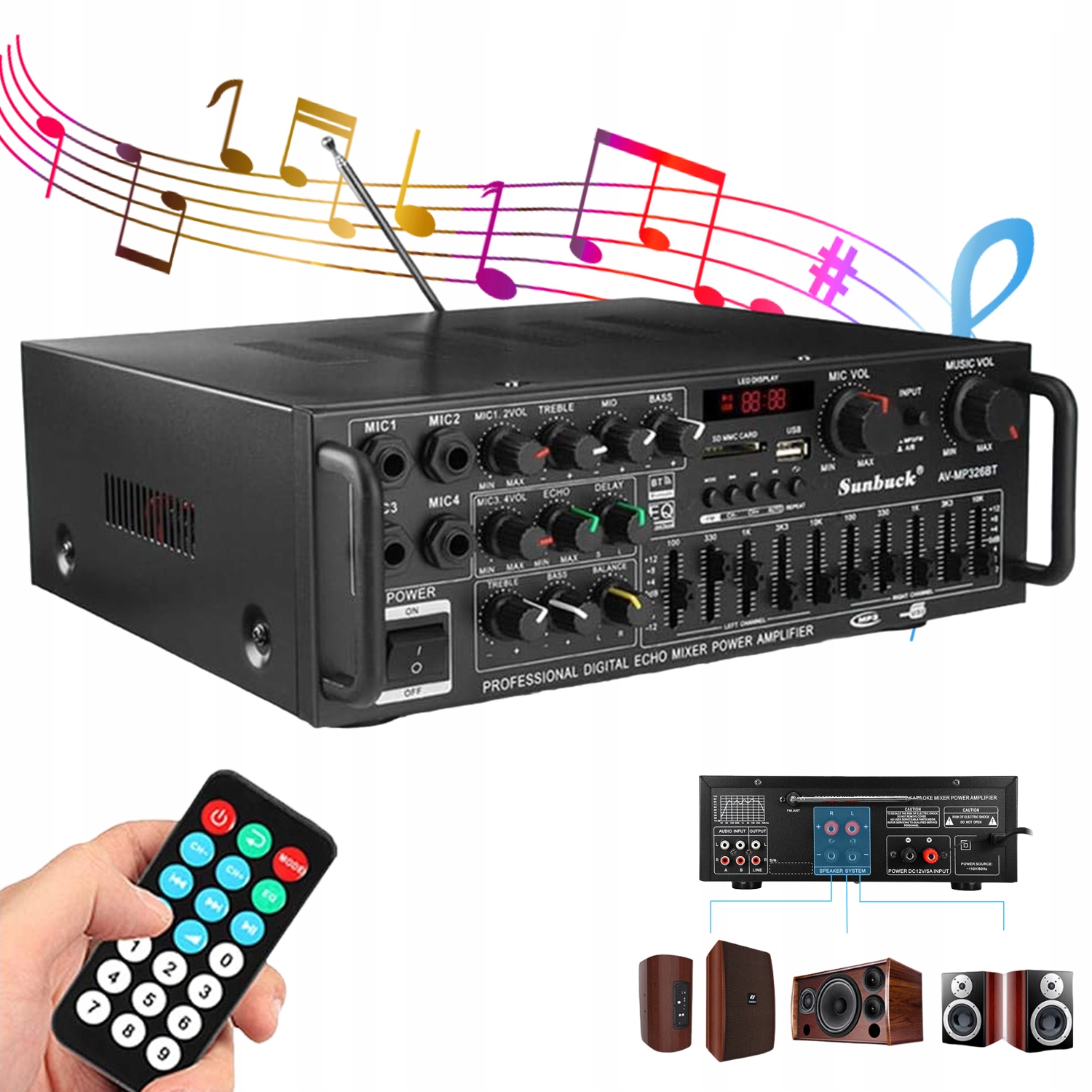 Zesilovač Av 2000W Bluetooth 50 Hd Zvuk 4 Mikrofonní Vstupy Eq