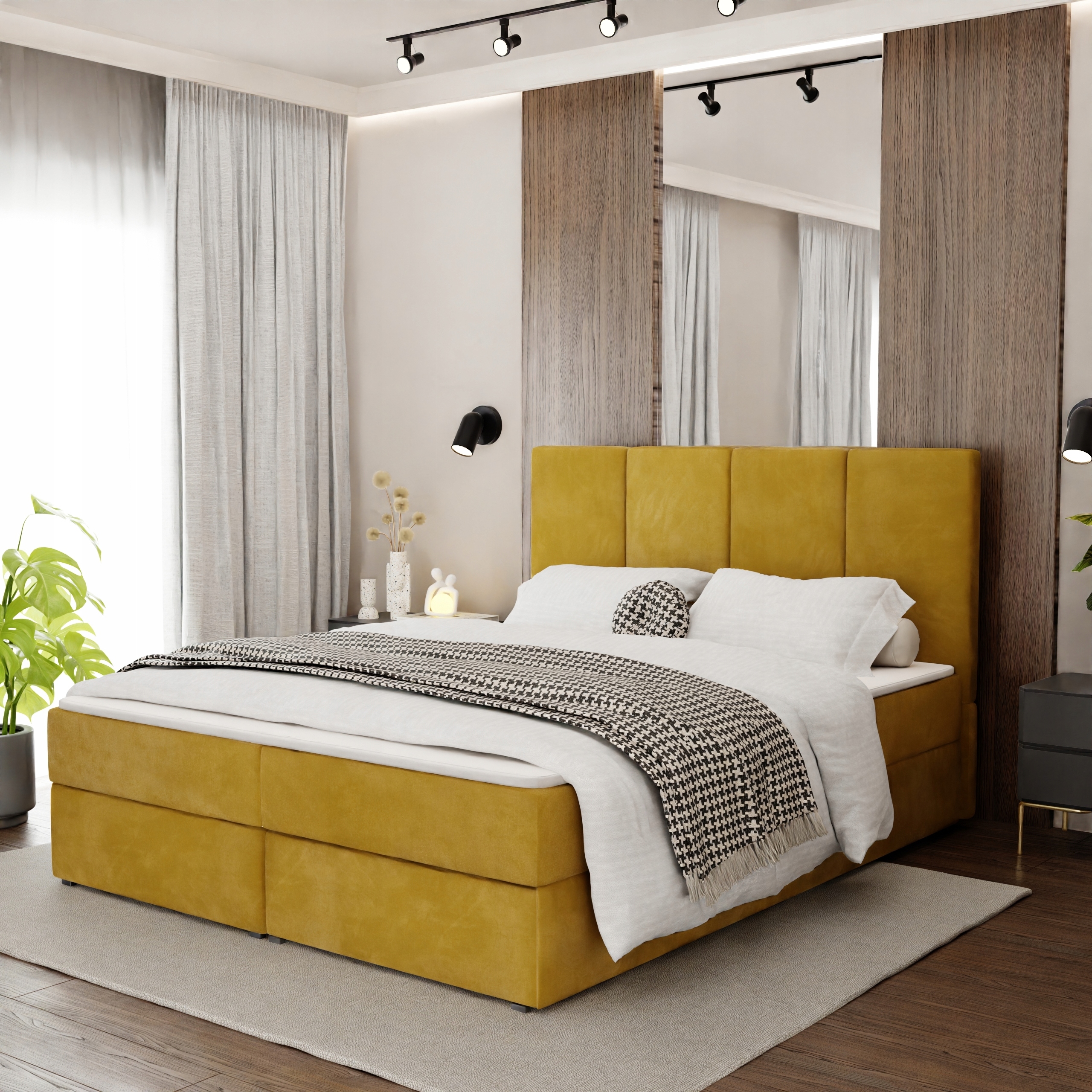 Kontinentální Postel 180x200 Čalouněná Dvojitá S Matrací Žlutá