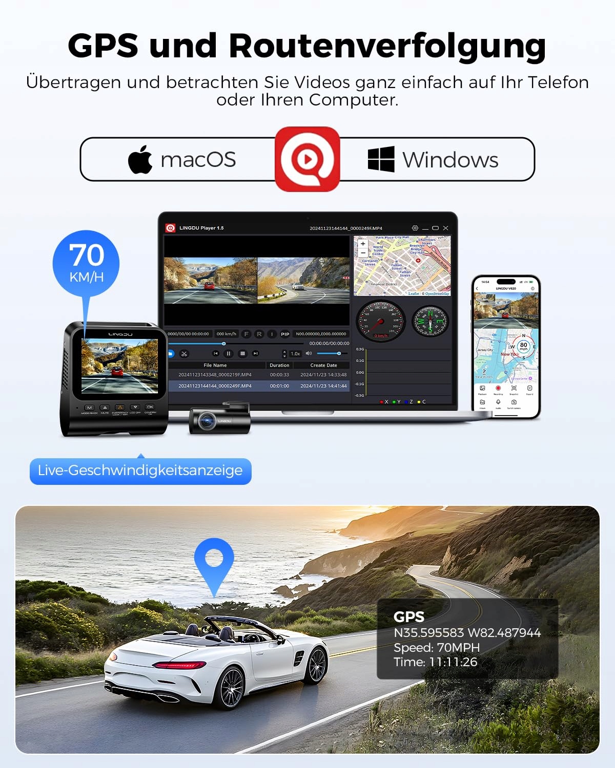 LINGDU V620 Kamera Samochodowa 4K 1080P WiFi GPS 64GB Karta SD 170° — miniatura 4