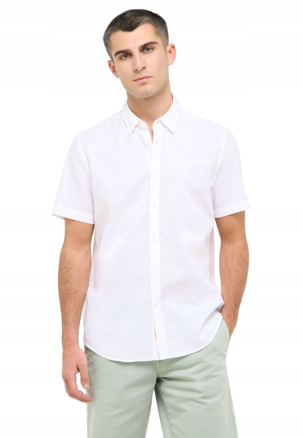 Lněná Pánská Košile S Krátkým Rukávem Bílá Casual Límeček XL