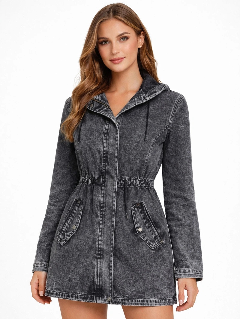 Volná Džínová Bunda Kapuce POP7065 Černá S (36)