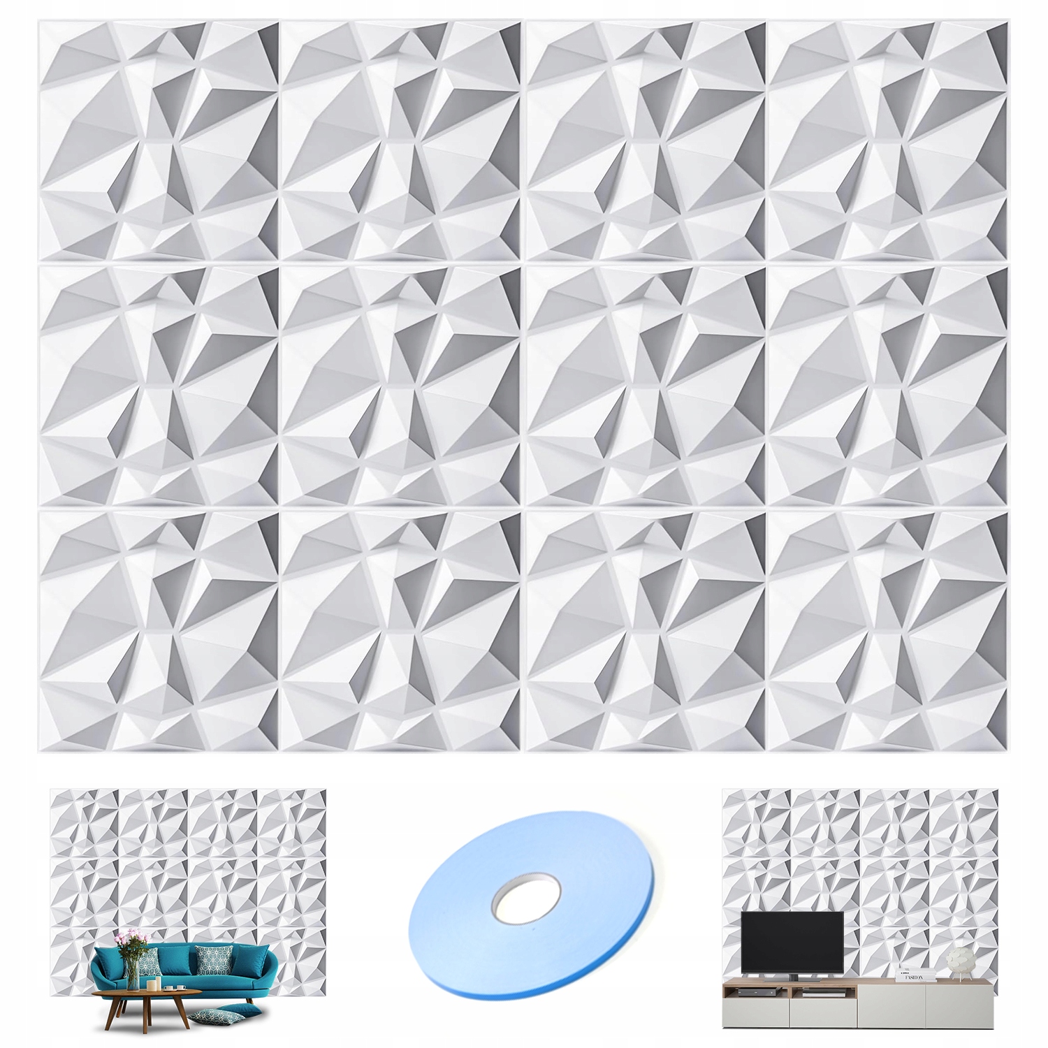 12x Nástěnný Kaseton Nástěnné Panely Stropní Kasety 3D Diamant Bílá 50x50cm