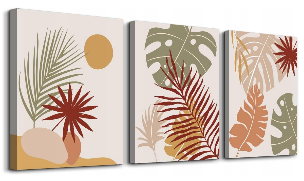 Sada 3 obrazů Boho 40x60 – Listy Palmy a Monstery, Barvy Země